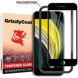 GrizzlyCoat Easy Fit iPhone SE (2022) Verre trempé Protection d'écran - Compatible Coque + Cadre d'installation - Noir