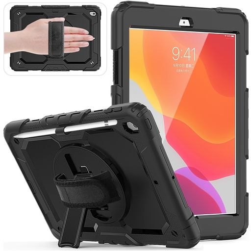 Mobigear SureGrip Xtreme Coque iPad 9 (2021) Coque Arrière Rigide Antichoc + Porte-crayon + Bandoulière + Support Amovible - Noir