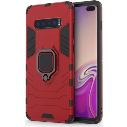 Mobigear Armor Ring Coque Samsung Galaxy S10 Plus Coque arrière Rigide Anti-Chocs avec Anneau-Support - Rouge