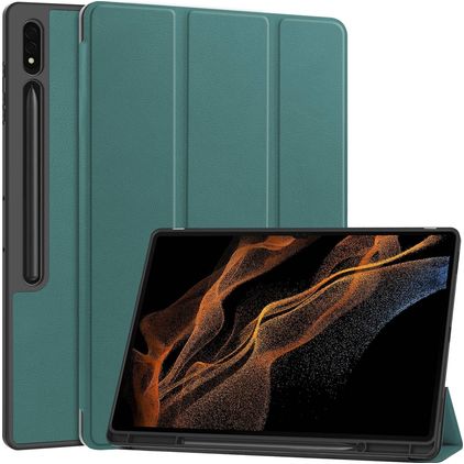Mobigear Tri-Fold Gel Coque Samsung Galaxy Tab S9 Ultra Etui en TPU,Similicuir + Porte-crayon - Vert