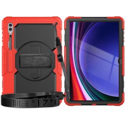 Mobigear SureGrip Xtreme Coque Samsung Galaxy Tab S9 Ultra Coque arrière en Plastique rigide,Silicone + Bandoulière + Support Amovible - Noir / Rouge