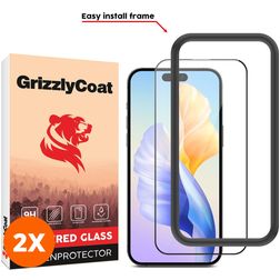 GrizzlyCoat Easy Fit iPhone 15 Verre trempé Protection d'écran - Compatible Coque + Cadre d'installation - Noir (Lot de 2)