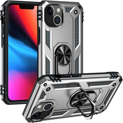 Mobigear Armor Ring Coque iPhone 14 Plus Coque arrière Rigide Anti-Chocs avec Anneau-Support - Argent