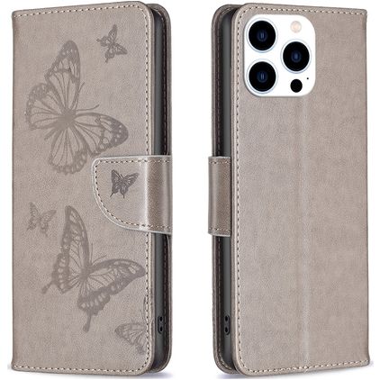 Mobigear Butterfly Housse iPhone 16 Pro Max Etui Porte-Monnaie - Gris