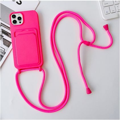 Mobigear Lanyard Card iPhone 15 Pro Coque avec cordon en Silicone et Porte-Cartes - Magenta