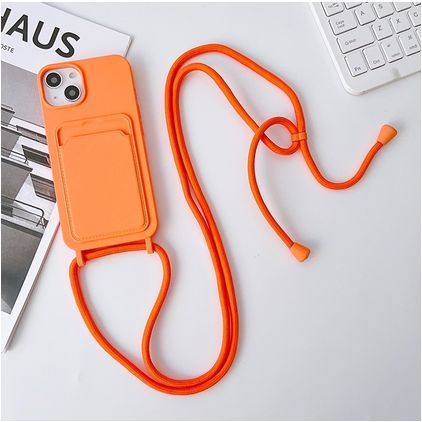 Mobigear Lanyard Card iPhone 15 Plus Coque avec cordon en Silicone et Porte-Cartes - Orange