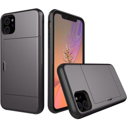 Mobigear Card iPhone 11 Plastique rigide Coque arrière Antichoc avec porte-cartes - Gris