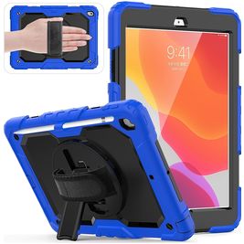Mobigear SureGrip Xtreme Coque iPad 7 (2019) Coque arrière en Plastique rigide,Silicone + Porte-crayon + Bandoulière + Support Amovible - Noir / Bleu