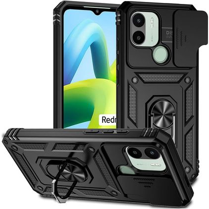 Mobigear Armor Ring Cam Slide Coque Xiaomi Redmi A1 4G Coque arrière Rigide Anti-Chocs avec Anneau-Support et Protecteur Lentilles - Noir