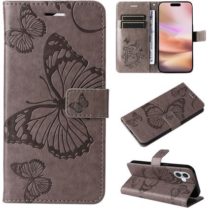 Mobigear Butterfly Housse iPhone 16 Plus Etui Porte-Monnaie - Gris