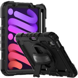 Mobigear SureGrip Xtreme Coque iPad Mini 6 (2021) Coque arrière en Plastique rigide,Silicone + Porte-crayon + Bandoulière + Support Amovible - Noir
