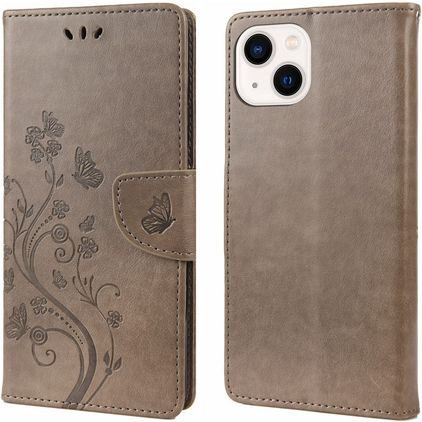 Mobigear Flowers Housse iPhone 14 Etui Porte-Monnaie - Gris