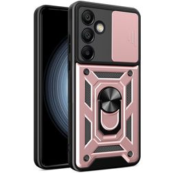 Mobigear Armor Ring Cam Slide Samsung Galaxy S24 FE Plastique rigide Coque arrière Antichoc avec bague de maintien et cache caméra coulissant - Rose doré