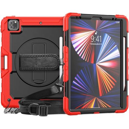 Mobigear SureGrip Xtreme Coque iPad Pro 12.9 Pouces (2020) Coque arrière en Plastique rigide,Silicone + Porte-crayon + Bandoulière + Support Amovible - Noir / Rouge