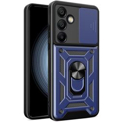Mobigear Armor Ring Cam Slide Samsung Galaxy S24 FE Plastique rigide Coque arrière Antichoc avec bague de maintien et cache caméra coulissant - Bleu