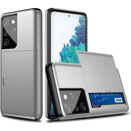 Mobigear Card Samsung Galaxy S21 Ultra Plastique rigide Coque arrière Antichoc avec porte-cartes - Argent
