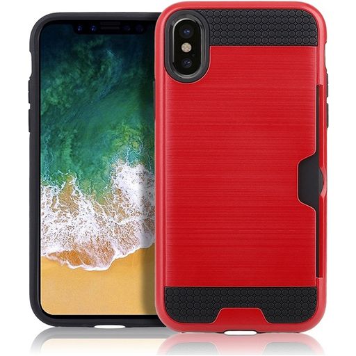 Mobigear Brushed Card Coque iPhone XR Coque arrière Rigide Anti-Chocs avec Porte-Cartes - Rouge