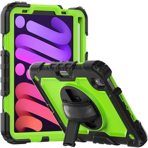 Mobigear SureGrip Xtreme Coque iPad Mini 6 (2021) Coque arrière en Plastique rigide,Silicone + Porte-crayon + Bandoulière + Support Amovible - Noir / Vert