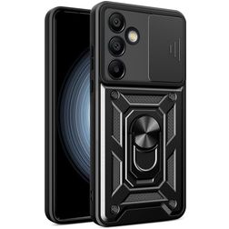 Mobigear Armor Ring Cam Slide Samsung Galaxy S24 FE Plastique rigide Coque arrière Antichoc avec bague de maintien et cache caméra coulissant - Noir