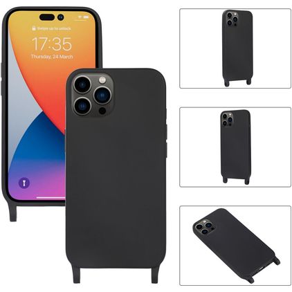 Mobigear Lanyard iPhone 14 Pro Max Coque avec cordon en Silicone - Noir