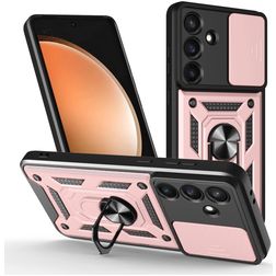 Mobigear Armor Ring Cam Slide Coque Samsung Galaxy S25 FE Coque arrière Rigide Anti-Chocs avec Anneau-Support et Protecteur Lentilles - Rose doré