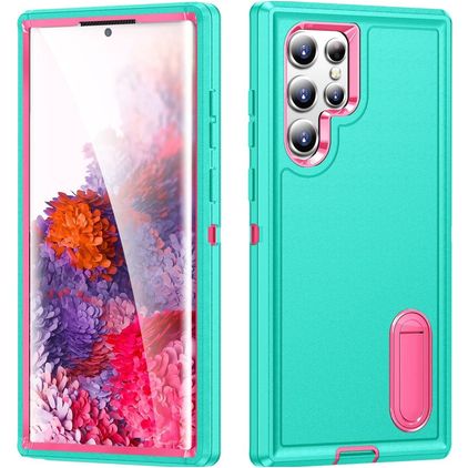 Mobigear Rugged Stand Samsung Galaxy S23 Ultra Plastique rigide Coque arrière Antichoc avec béquille - Turquoise
