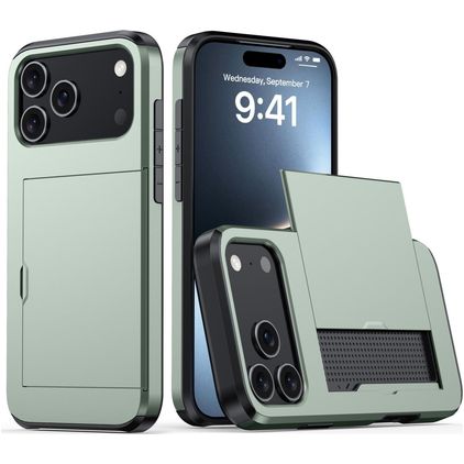 Mobigear Card Coque iPhone 18 Pro Coque arrière Rigide Anti-Chocs avec Porte-Cartes - Dark Green