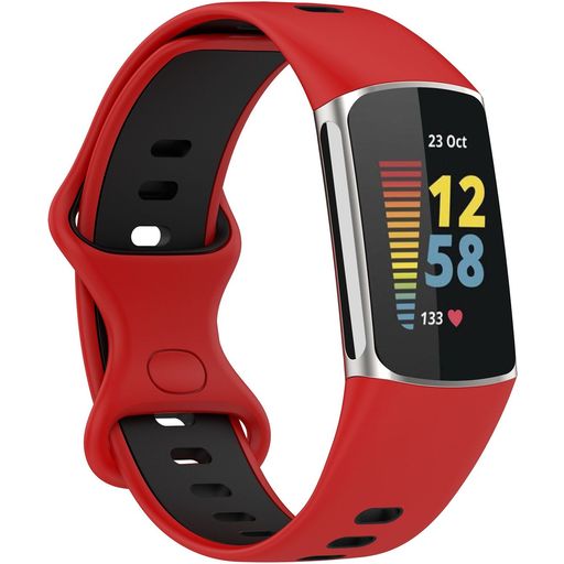 Mobigear Sport Dual Bracelet Silicone Fitbit Charge 5 Fermeture à clou et passant - Noir / Rouge