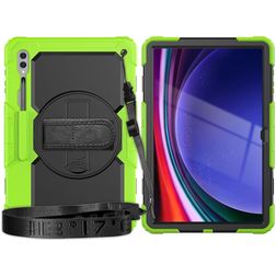 Mobigear SureGrip Xtreme Coque Samsung Galaxy Tab S9 Ultra Coque arrière en Plastique rigide,Silicone + Bandoulière + Support Amovible - Noir / Vert