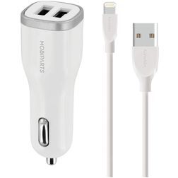 Mobiparts - Double USB Chargeur voiture Apple Lightning 1 mètre 12W 2.4A - Blanc