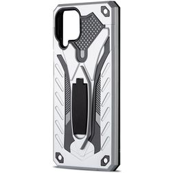 Mobigear Armor Stand Coque Samsung Galaxy A12 Coque arrière Rigide Anti-Chocs avec Support Amovible - Argent