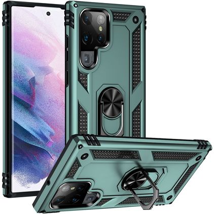 Mobigear Armor Ring Samsung Galaxy S22 Ultra Plastique rigide Coque arrière Antichoc avec bague de maintien - Vert