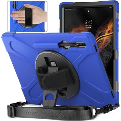 Mobigear SureGrip XGuard Coque Samsung Galaxy Tab S8 Ultra Coque arrière en Plastique rigide,Silicone + Porte-crayon + Bandoulière + Support Amovible - Bleu