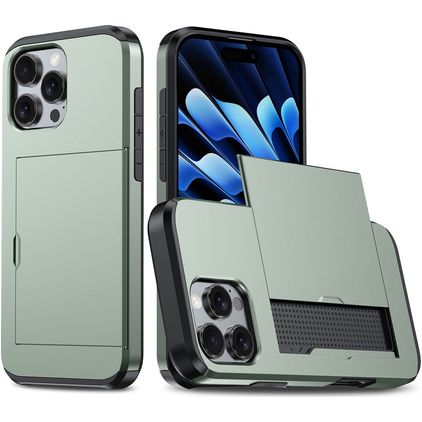 Mobigear Card Coque iPhone 16 Pro Max Coque arrière Rigide Anti-Chocs avec Porte-Cartes - Vert