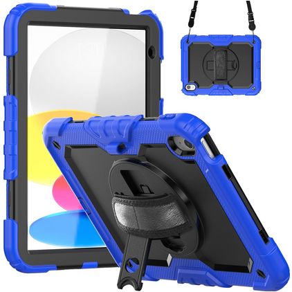 Mobigear SureGrip Xtreme Coque iPad 10 (2022) Coque arrière en Plastique rigide,Silicone + Bandoulière + Support Amovible - Noir / Bleu