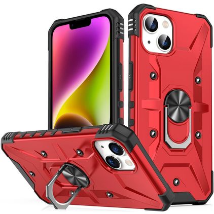 Mobigear Armor Ring Coque iPhone 14 Plus Coque arrière Rigide Anti-Chocs avec Anneau-Support - Rouge