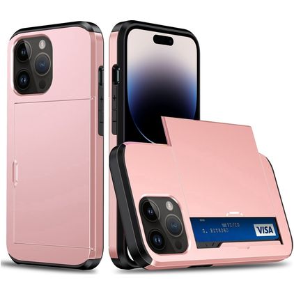 Mobigear Card Coque iPhone 15 Pro Max Coque arrière Rigide Anti-Chocs avec Porte-Cartes - Rose doré