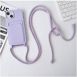 Mobigear Lanyard Card iPhone 15 Plus Coque avec cordon en Silicone et Porte-Cartes - Violet