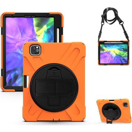 Mobigear SureGrip XGuard Coque iPad Air 5 (2022) Coque arrière en Plastique rigide,Silicone + Porte-crayon + Bandoulière + Support Amovible - Orange