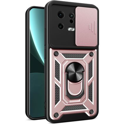 Mobigear Armor Ring Cam Slide Xiaomi 13 Plastique rigide Coque arrière Antichoc avec bague de maintien et cache caméra coulissant - Rose doré