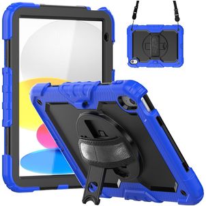 Mobigear SureGrip Xtreme Coque iPad 10 (2022) Coque arrière en Plastique rigide,Silicone + Bandoulière + Support Amovible - Noir / Bleu