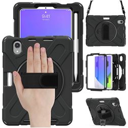 Mobigear SureGrip XGuard Coque iPad Mini 7 (2024) Coque arrière en Plastique rigide,Silicone + Porte-crayon + Bandoulière + Support Amovible - Noir