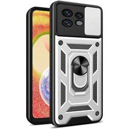 Mobigear Armor Ring Cam Slide Motorola Edge 40 Pro Plastique rigide Coque arrière Antichoc avec bague de maintien et cache caméra coulissant - Argent