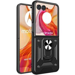 Mobigear Armor Ring Motorola Razr 50 Ultra Plastique rigide Coque arrière Antichoc avec bague de maintien - Noir