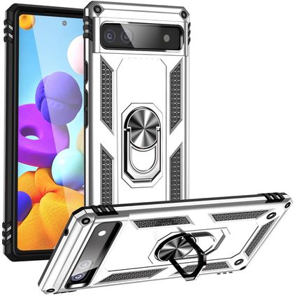 Mobigear Armor Ring Google Pixel 6a Plastique rigide Coque arrière Antichoc avec bague de maintien - Argent