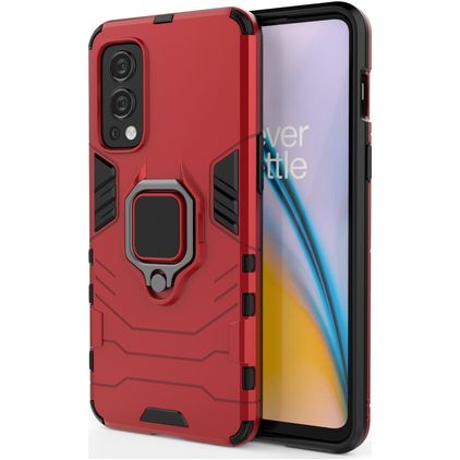 Mobigear Armor Ring Coque OnePlus Nord 2 Coque arrière Rigide Anti-Chocs avec Anneau-Support - Rouge