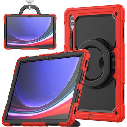 Mobigear RingGuard Samsung Galaxy Tab S10 Ultra Plastique rigide / Silicone Coque arrière + Porte-stylet + Bandoulière + Support - Rouge