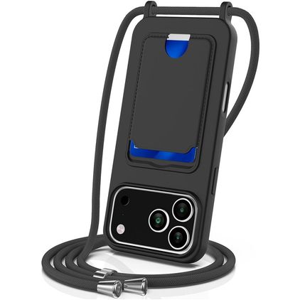 Mobigear Lanyard Card iPhone 17 Pro Max Coque avec cordon en Silicone et Porte-Cartes - Noir