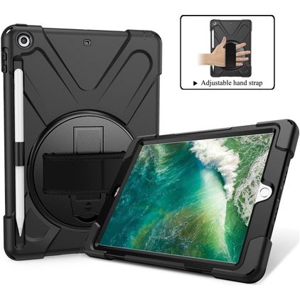 Mobigear SureGrip XGuard Coque iPad 6 (2018) Coque arrière en Plastique rigide,Silicone + Porte-crayon + Bandoulière + Support Amovible - Noir