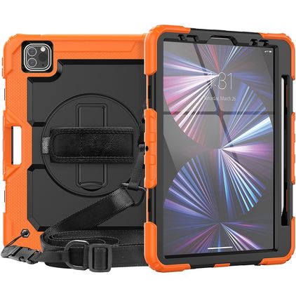 Mobigear SureGrip Xtreme Coque iPad Air 11 Pouces (2025) Coque arrière en Plastique rigide,Silicone + Porte-crayon + Bandoulière + Support Amovible - Orange